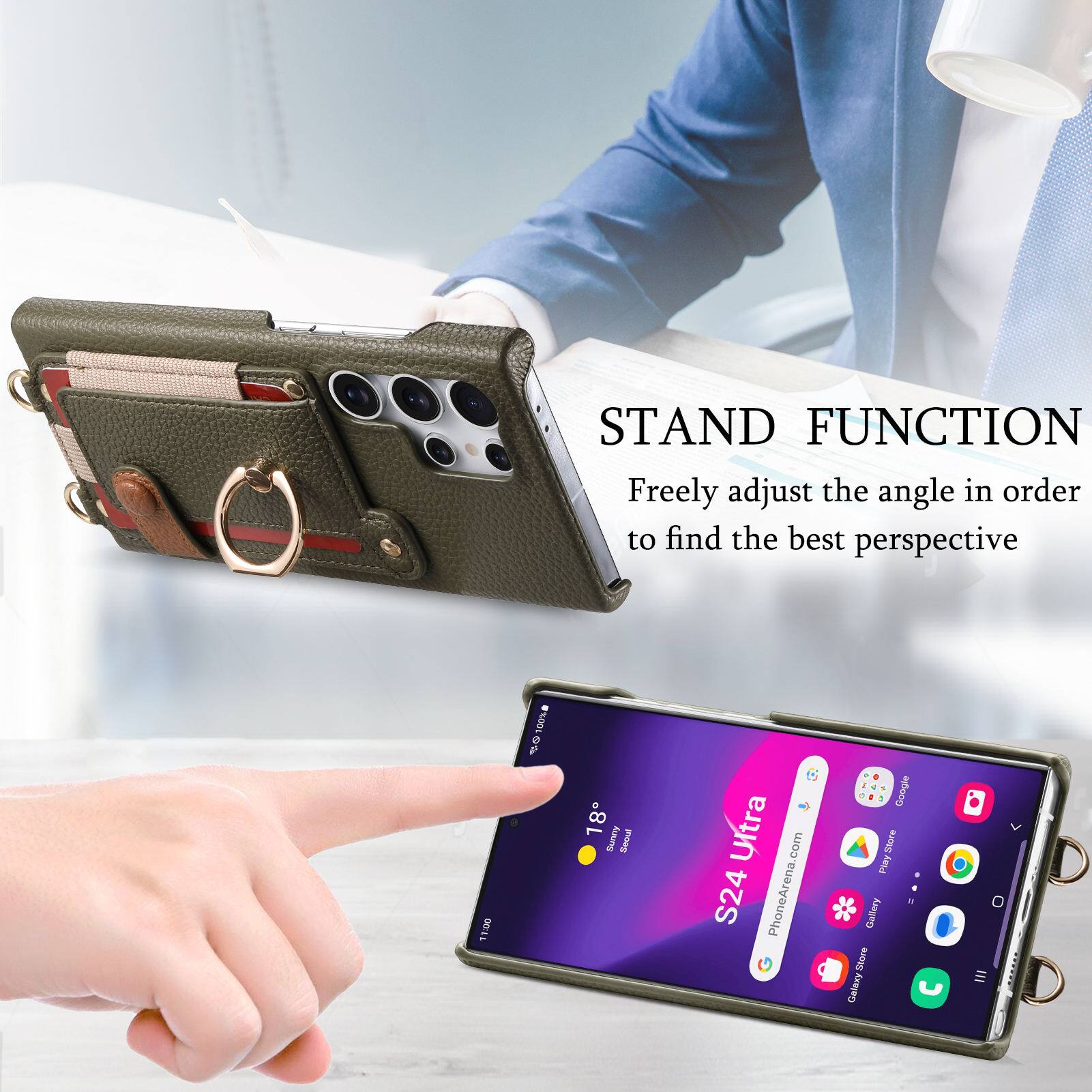 STAND FUNCTION  
Freely adjust the angle in order to find the best perspective

11:00 100%  
18 Sunny  
S24 Ultra  
PhoneArena.com  
Google  
Play Store  
BUON  
Galaxy