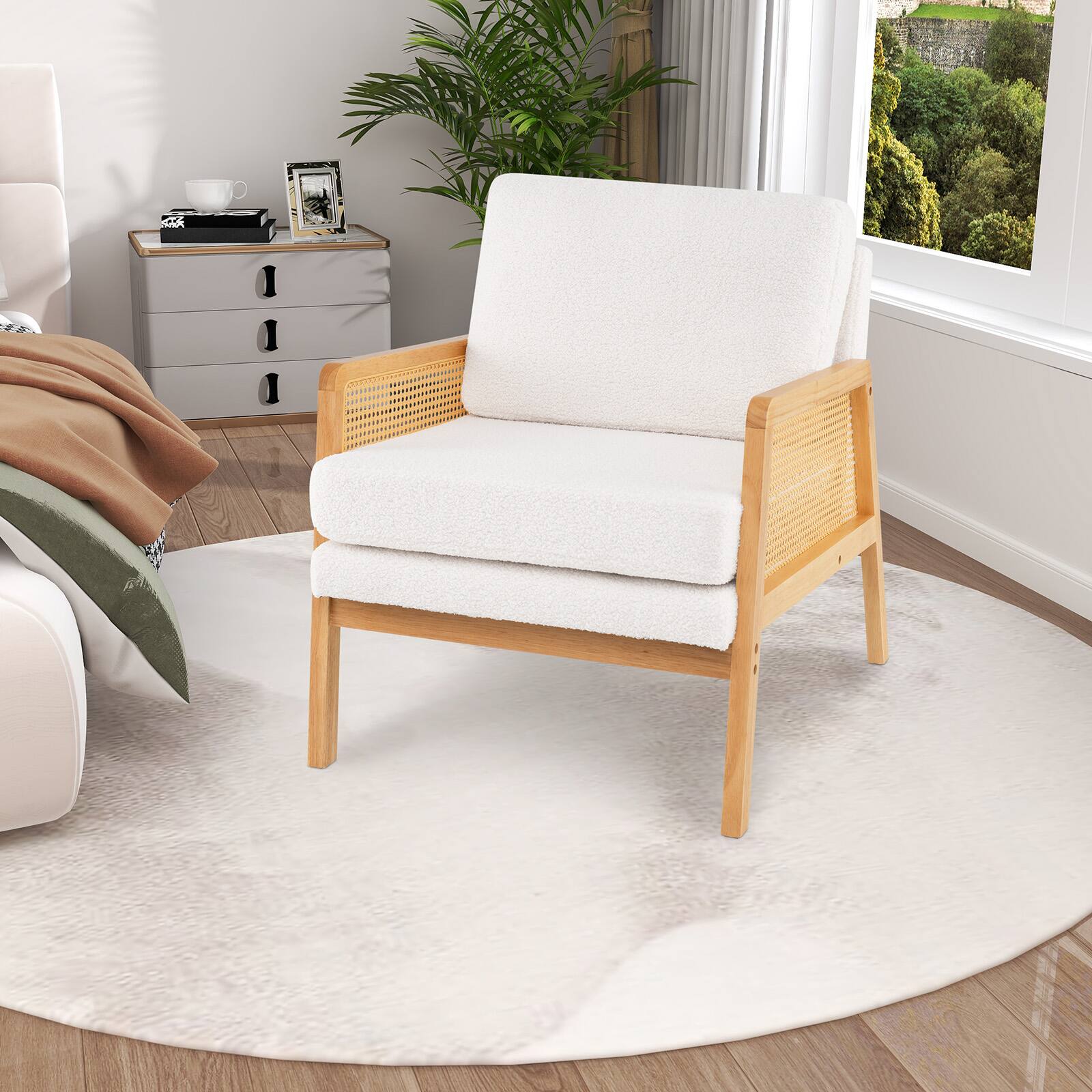 Alt View 3. Costway - Costway Mid Century Modern Accent Chair Living Room Armchair with Rattan Arms Wooden Frame Natural - Natural,Beige.