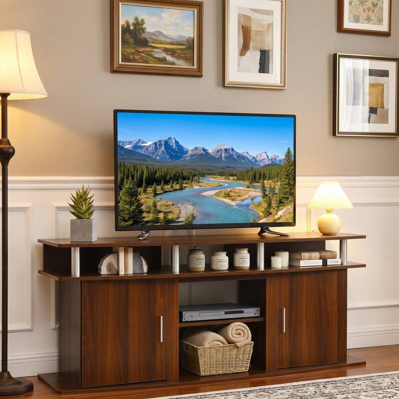 Angle. WELLFOR - Mid Century Modern TV Stand for TVs up 70", Entertainment Console Center with 2 Cabinets - Walnut.