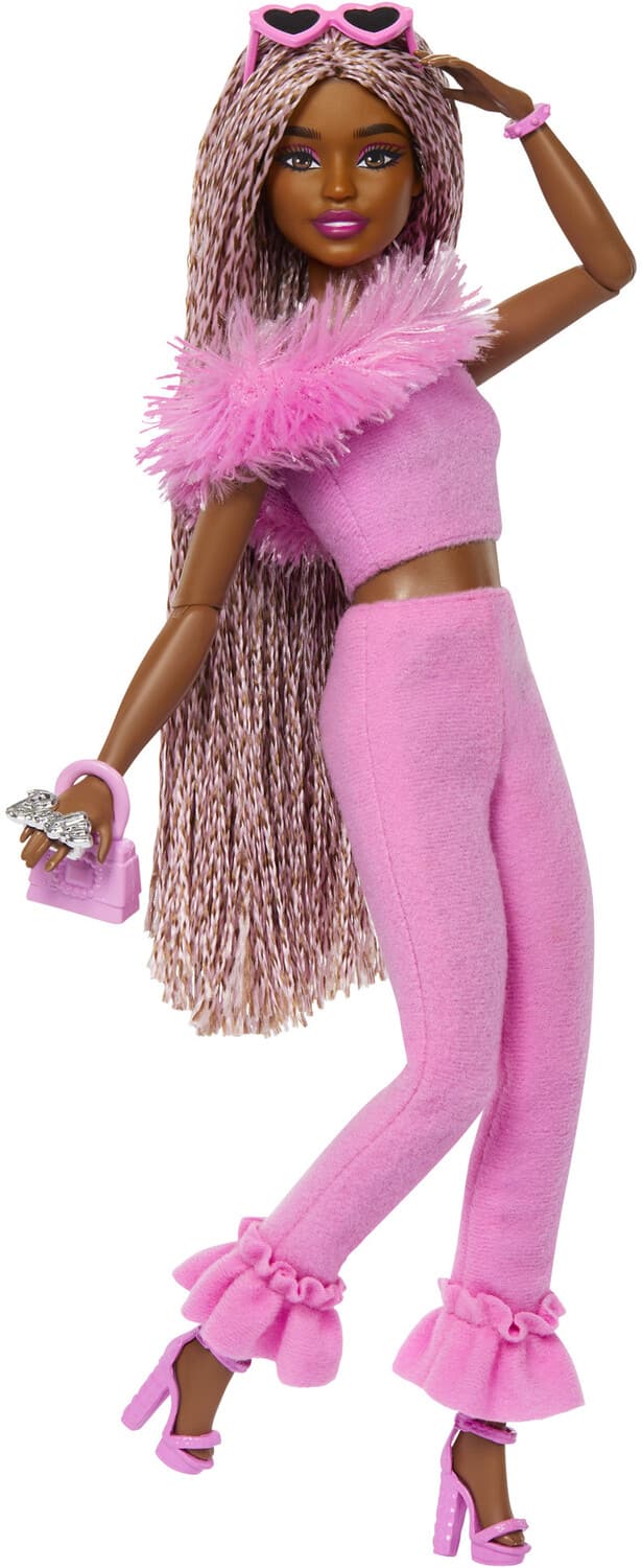 Barbie Deluxe Style with Pink and Brown Braids, Pink Top and Pant Set with Furry Collar and- COLLECTABLES - Mattel