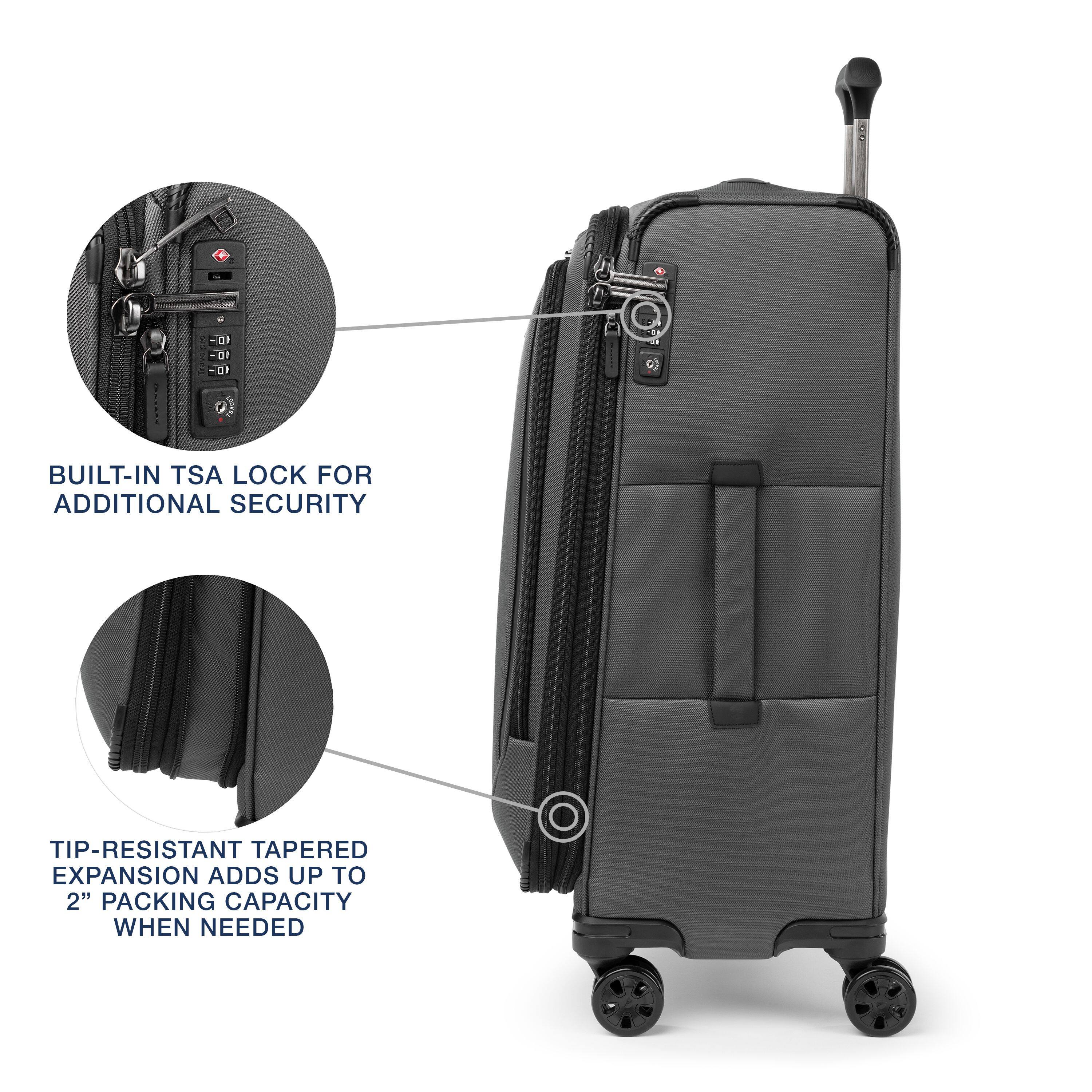 BUILT-IN TSA LOCK FOR ADDITIONAL SECURITY

TIP-RESISTANT TAPERED EXPANSION ADDS UP TO 2" PACKING CAPACITY WHEN NEEDED