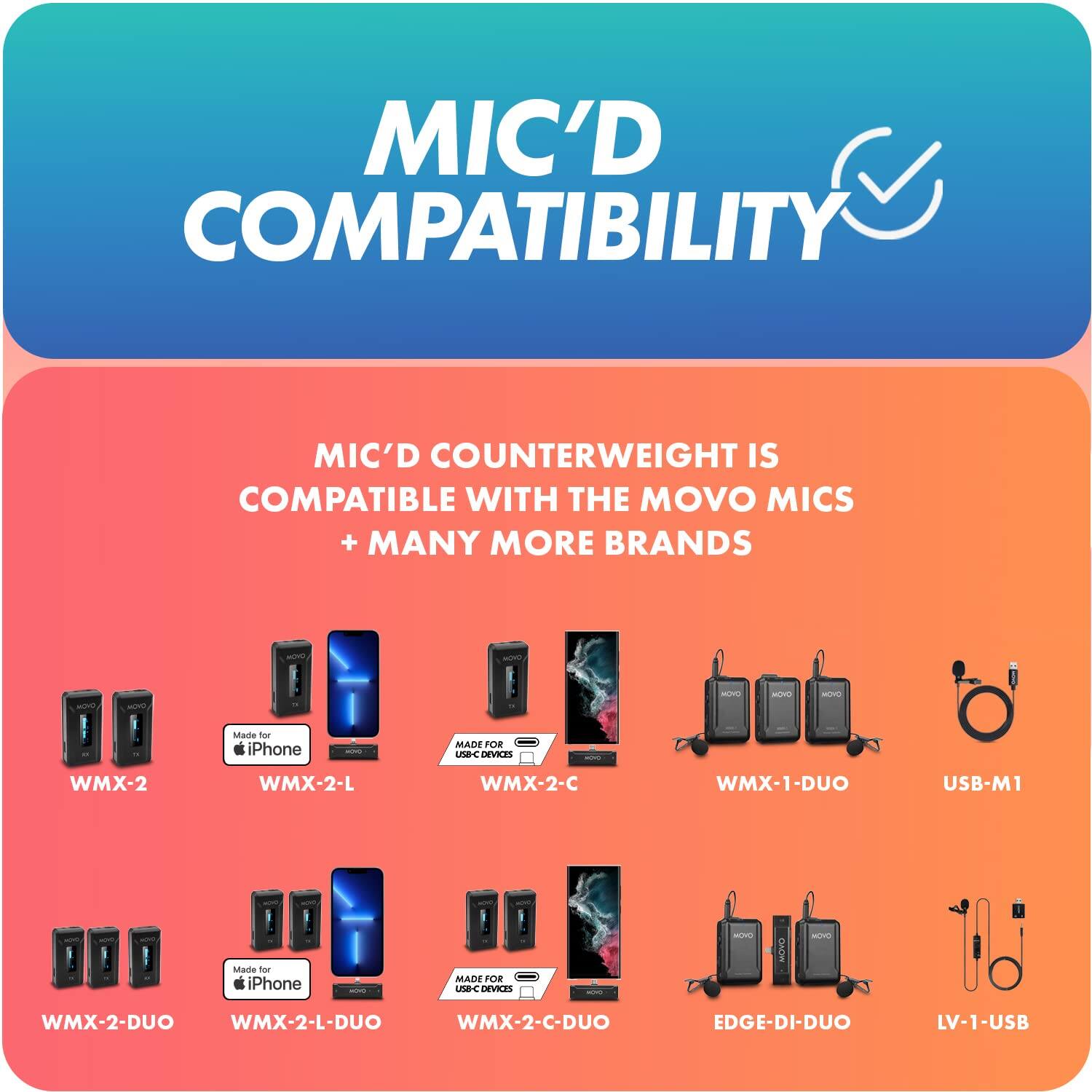 MIC'D COMPATIBILITY

MIC'D COUNTERWEIGHT IS COMPATIBLE WITH THE MOVO MICS + MANY MORE BRANDS

- WMX-2
- WMX-2-L
- WMX-2-C
- WMX-1-DUO
- USB-M1
- WMX-2-DUO
- WMX-2-L-DUO
- WMX-2-C-DUO
- EDGE-DI-DUO
- LV-1-USB

MADE FOR iPhone
MADE FOR USB-C DEVICES