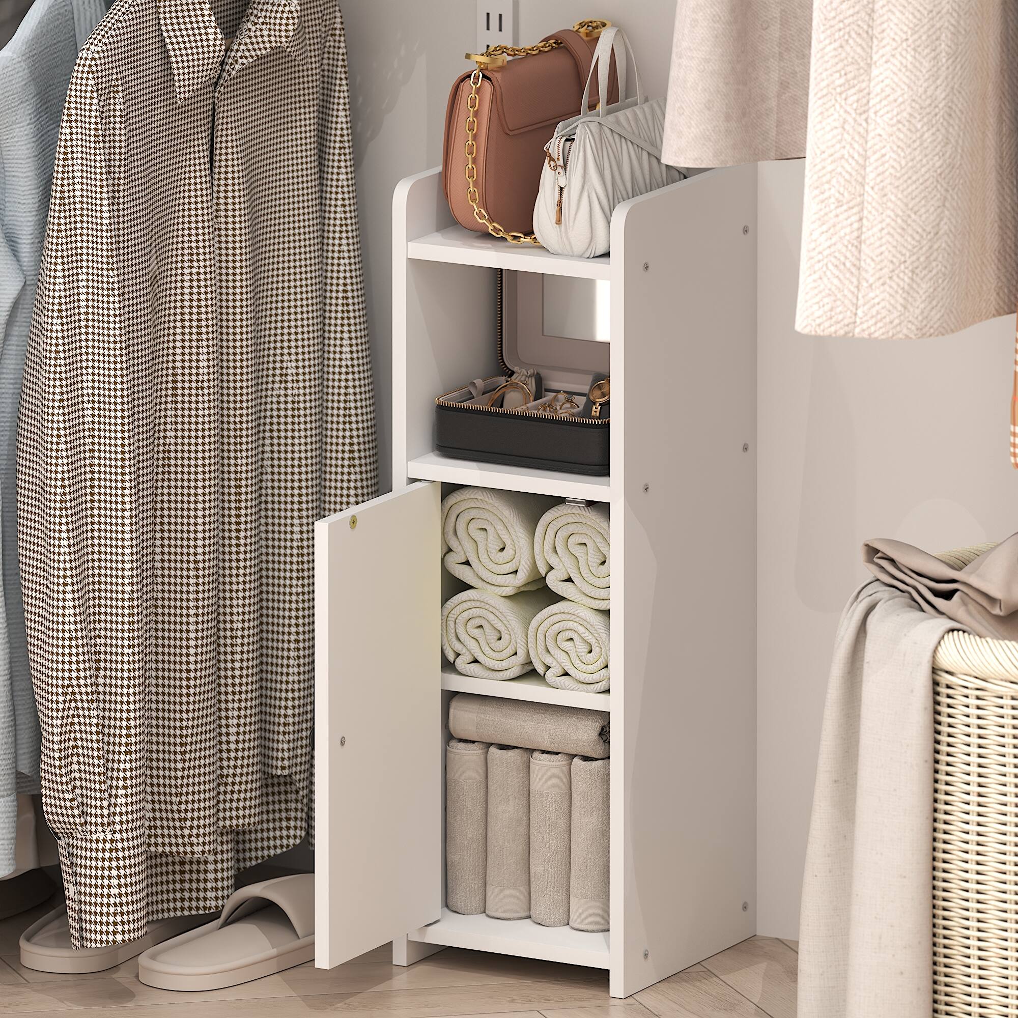 Front. Furinno - FULDA Closet Organizers and Storage, 4-Tier Closet Organizer, Narrow Closet Storage with Door and Adjustable Shelves,24H - White.