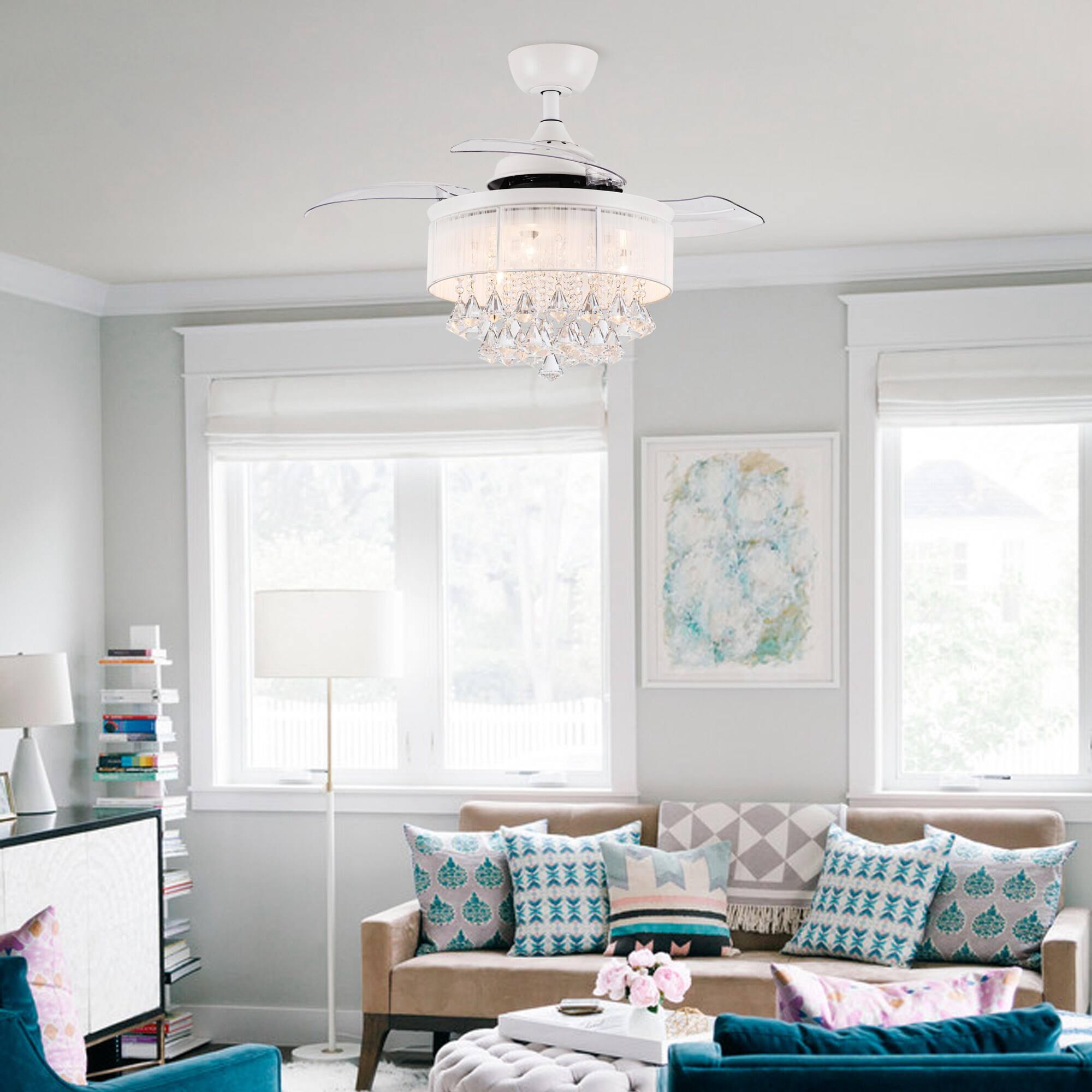 Angle. Parrot Uncle - 36" Modern Retractable 3-Blade Crystal Ceiling Fan Fandelier with Remote - Matte White.