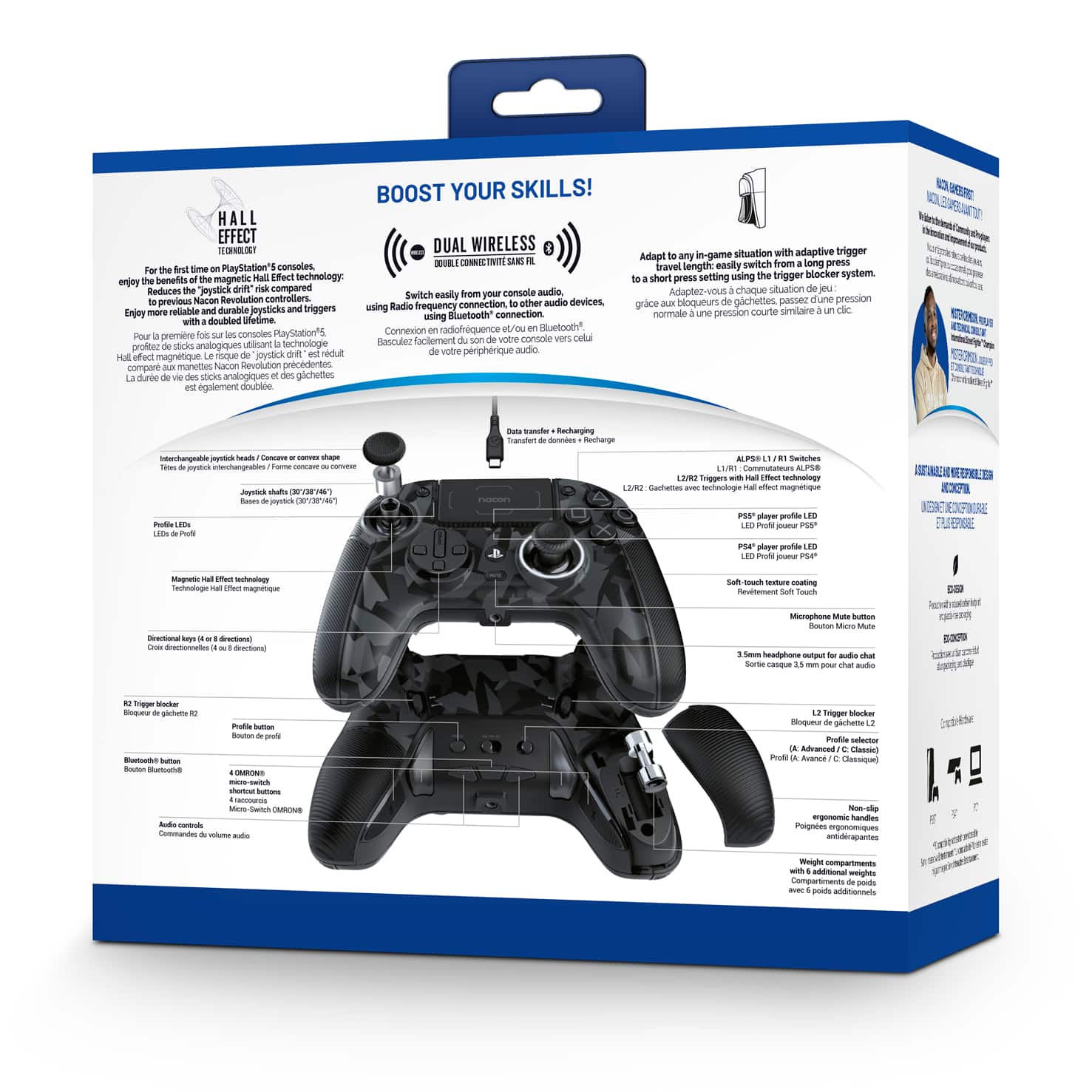 BOOST YOUR SKILLS! HALL EFFECT WIRELESS TRIGGER LOCY DUAL SHOCK CINNACOMPATIBLE WITH PLAYSTATION* CONSOLES. ENJOY BENEFITS OF MAGNETIC FEEDBACK TECHNOLOGY. Reduces "joystick drift" compared to traditional analog sticks. Controllers Switch easily from your previous Nintendo Revolution controller to this one using a Radio Frequency connection. Enjoy more reliable, durable joysticks and triggers. Bluetooth connection with double setpoint using Connexion audiofrequence Bluetooth technology. Promises console PlayStation's compatibility with all PlayStation* consoles. Provides superior peripheral audio feedback using magnetic feedback technology. Easy to adapt in-game situations with adaptive trigger brake length. Easy switch from long press to short setting using trigger blocker system.