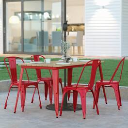 Emma + Oliver - 30"x60" RECT Poly Resin Restaurant Table with Umbrella Hole - Brown Top/Red Frame