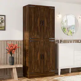 Aheaplus - 71'' Tall Farmhouse Bathroom Storage Cabinet, 7-Tier Linen Cabinet with Drawer & Adjustable Shelves - Retro Brown