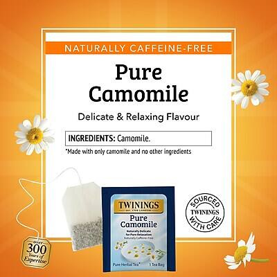 NATURALLY CAFFEINE-FREE  
Pure Camomile  
Delicate & Relaxing Flavour  

INGREDIENTS: Camomile.  
*Made with only camomile and no other ingredients  

TWININGS Pure Camomile  
Pure Herbal Tea  
1 Tea Bag  

SOURCED WITH CARE  

300 Years of Expertise