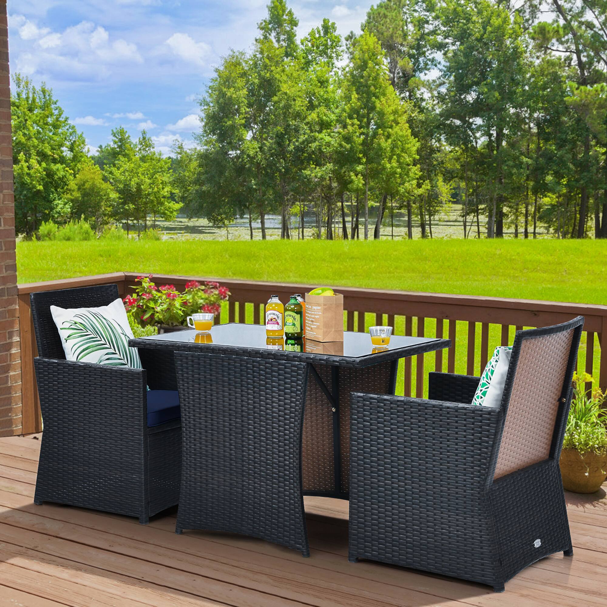 Alt View 9. Gymax - Gymax 3PCS Patio Wicker Bistro Set PE Rattan Dining Table Set w/ Navy Cushions - Navy.