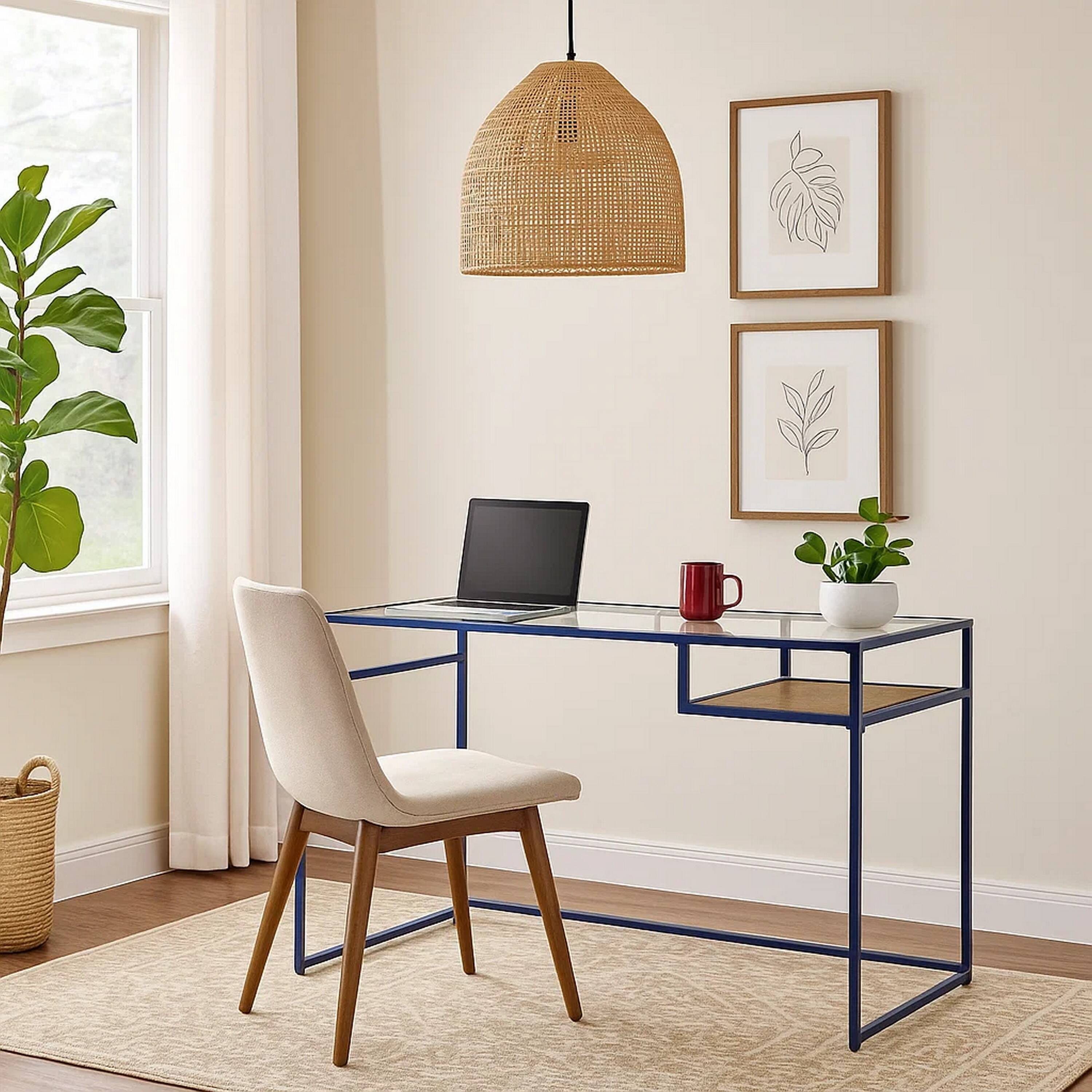 Alt View 2. Manhattan Lane - Rectangular Glass Top Desk with Open Compartment and Sled Base, Blue - Blue.