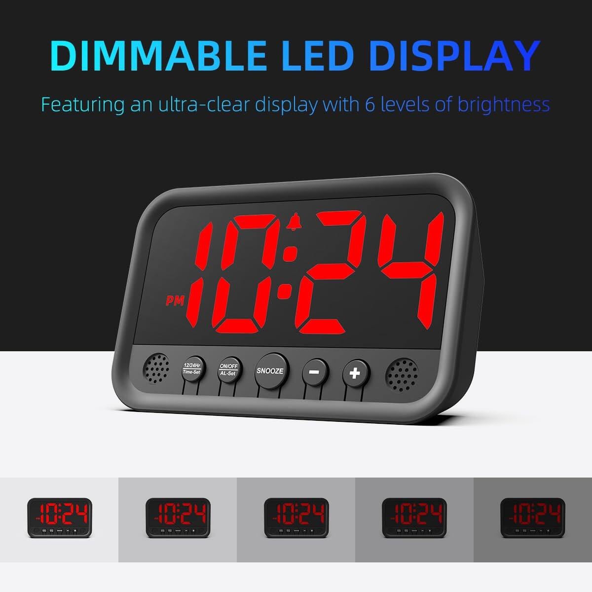 DIMMABLE LED DISPLAY  
Featuring an ultra-clear display with 6 levels of brightness  

PM 10:24  
1224 ON/OFF AL-Set SNOOZE - +  

10:24  
10:24  
10:24  
10:24  
10:24