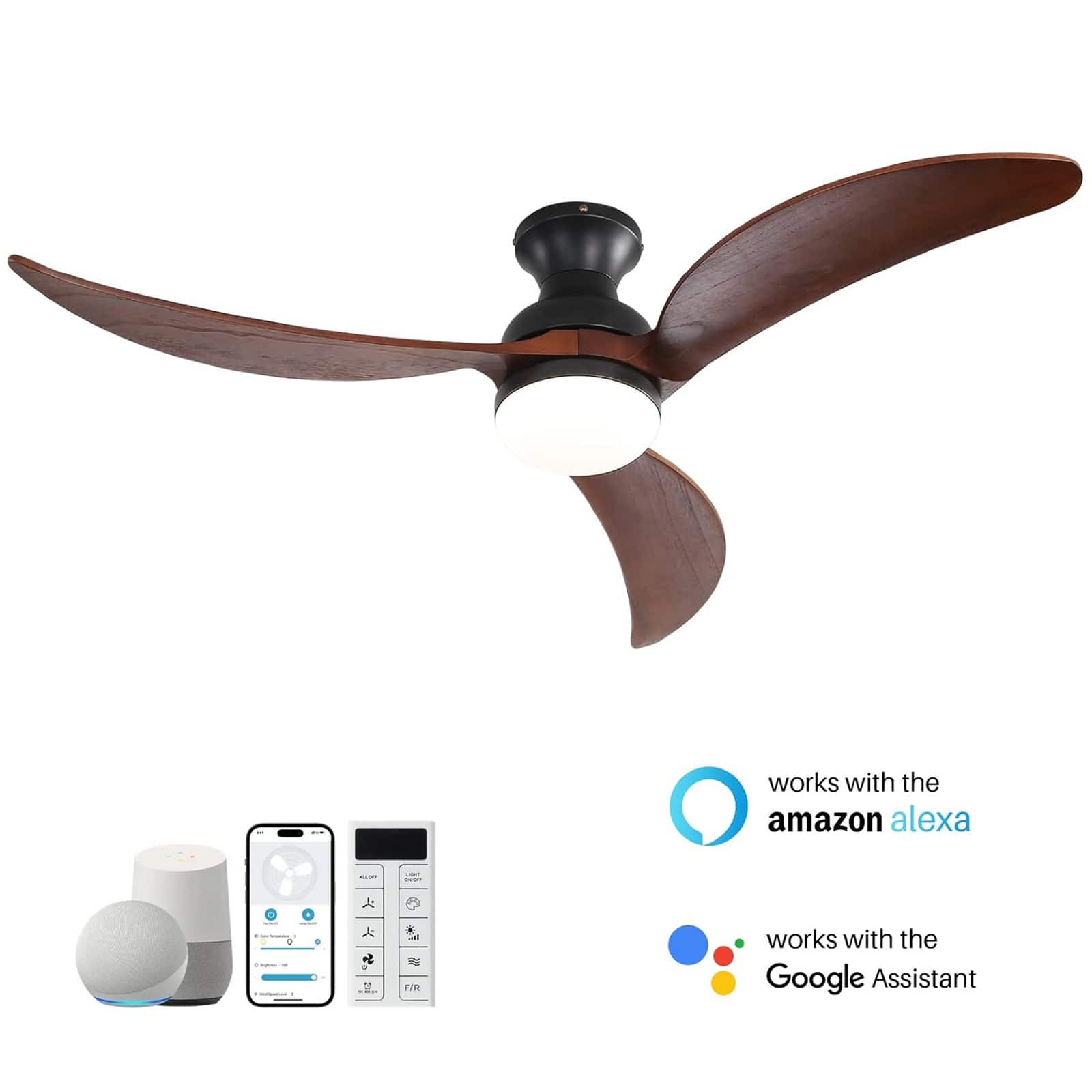 Sofucor - 52 Inch Modern Outdoor Smart Wood Ceiling Fan with Lights Remote Works with Alexa/App/Google High Airflow Reversible - Black