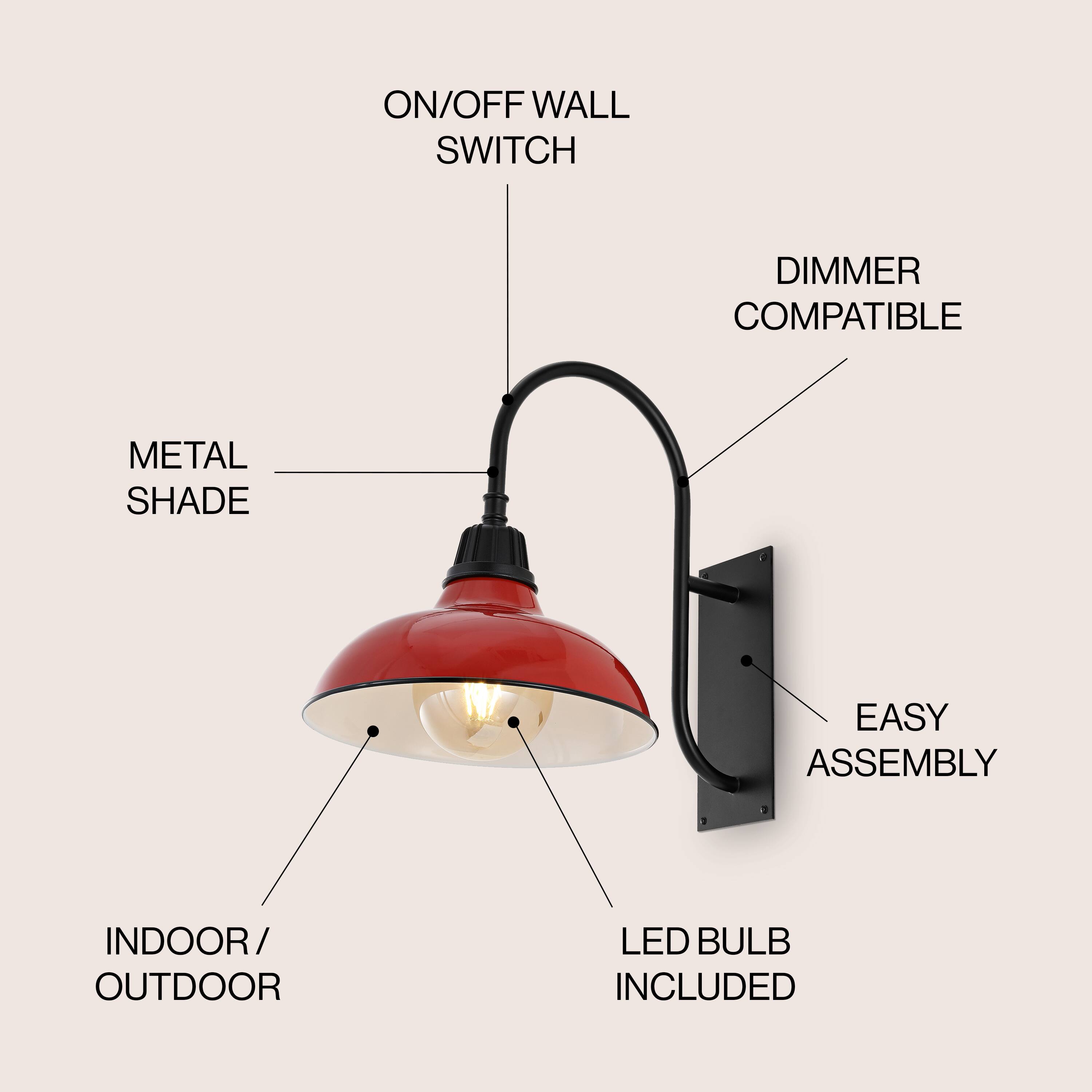 ON/OFF WALL SWITCH, DIMMER COMPATIBLE, METAL SHADE, EASY ASSEMBLY, INDOOR/OUTDOOR, LED BULB INCLUDED