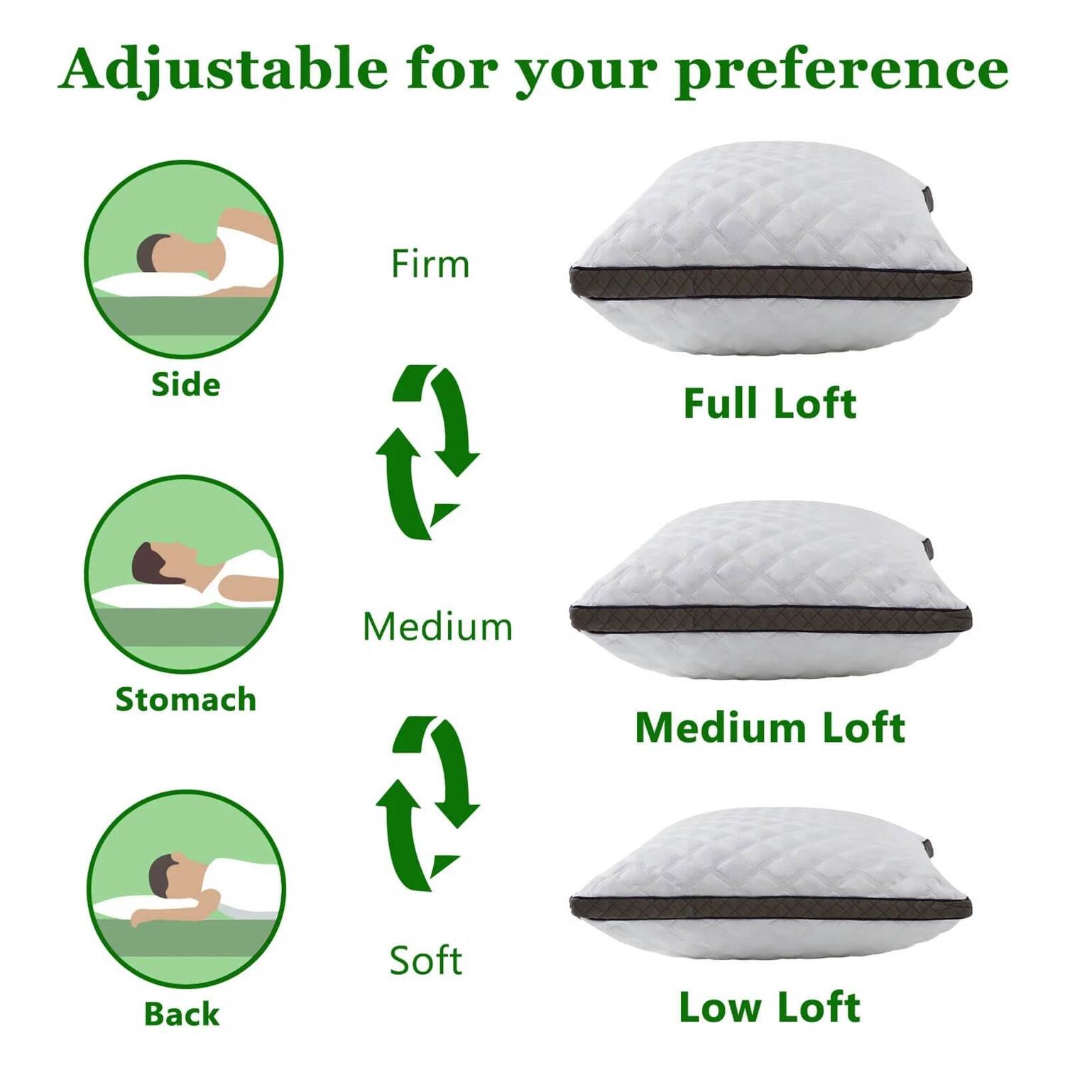 Adjustable for your preference

- Side: Firm
- Stomach: Medium
- Back: Soft

- Full Loft
- Medium Loft
- Low Loft