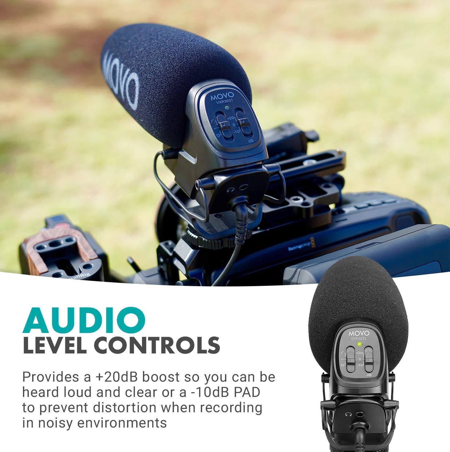 **AUDIO LEVEL CONTROLS**

Provides a +20dB boost so you can be heard loud and clear or a -10dB PAD to prevent distortion when recording in noisy environments
