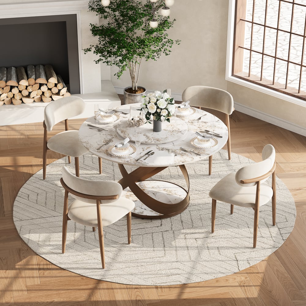 POVISON - 51" Modern Round Dining Table for 4 with Lazy Susan, Pandora Glossy Sintered Stone Tabletop, Bronze X Carbon Steel Base - Pandora Glossy Sintered Stone with Bronze