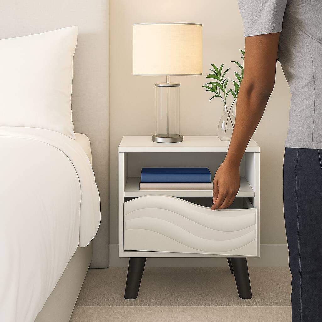 Angle. Hivvago - Bedside Cabinet with 3D Wave Detail and Lower Shelf - White.