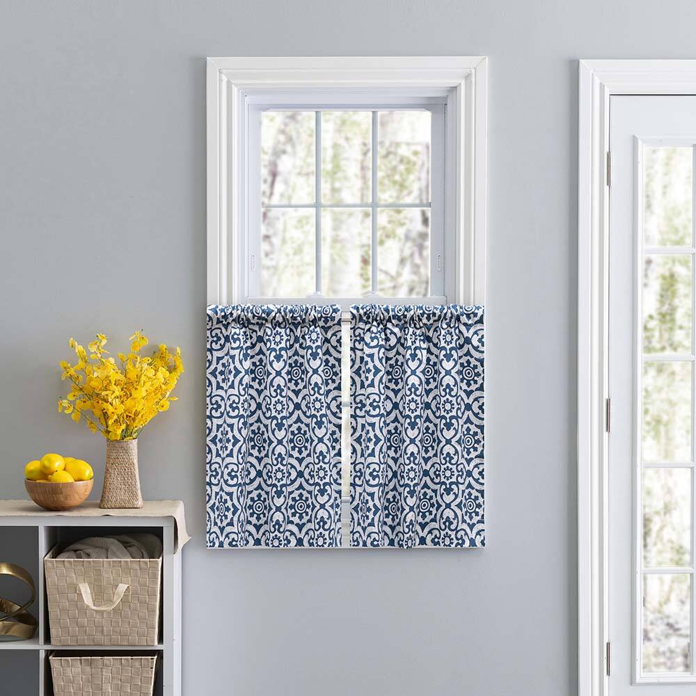 Angle. Ellis Curtain - Ellis Athens Printed Tile Design on Navy Ground High Quality Tailored Tiers 1.5" Rod Pocket 50"x24" Navy - Navy.