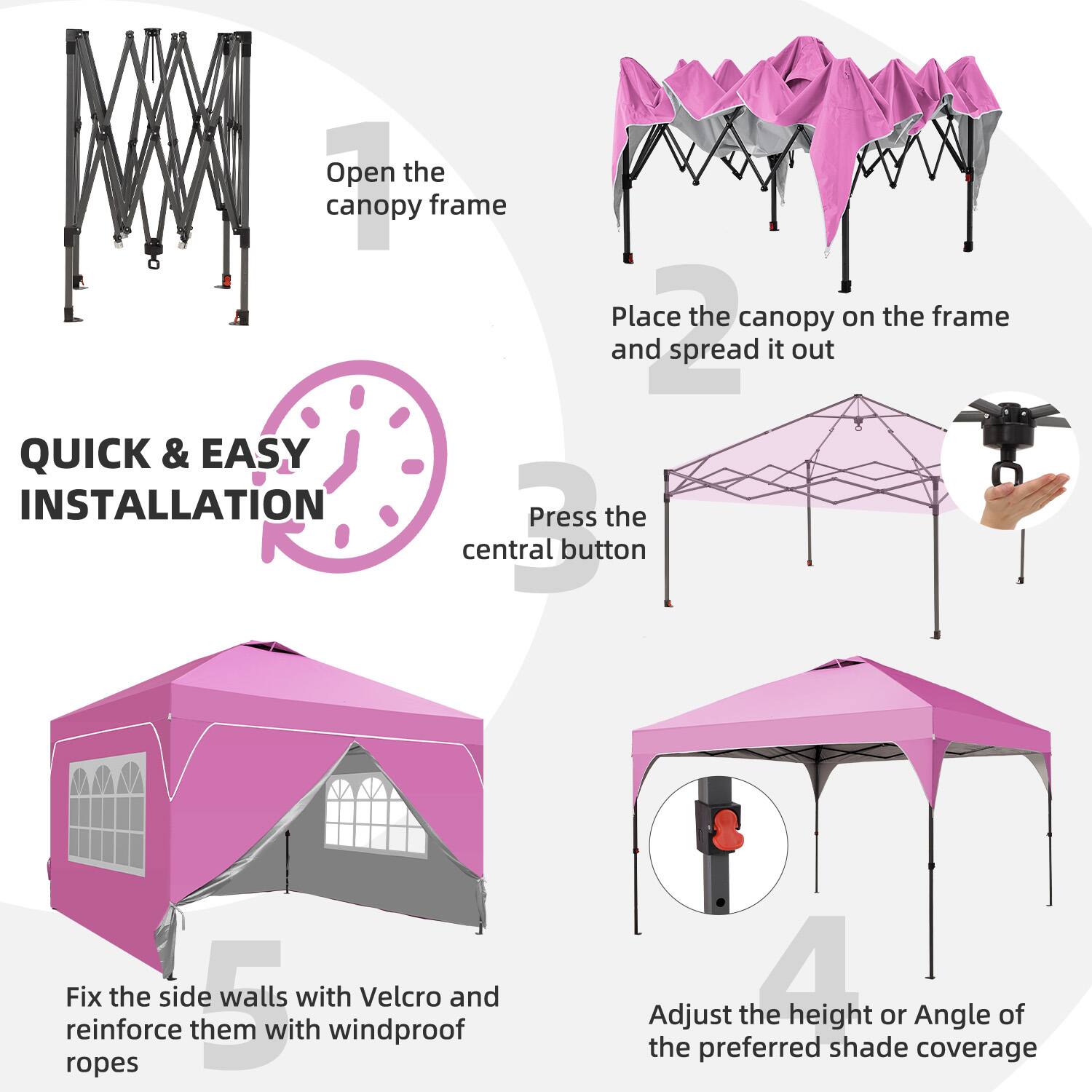 1. Open the canopy frame
2. Place the canopy on the frame and spread it out
3. Press the central button
4. Adjust the height or angle of the preferred shade coverage
5. Fix the side walls with Velcro and reinforce them with windproof ropes