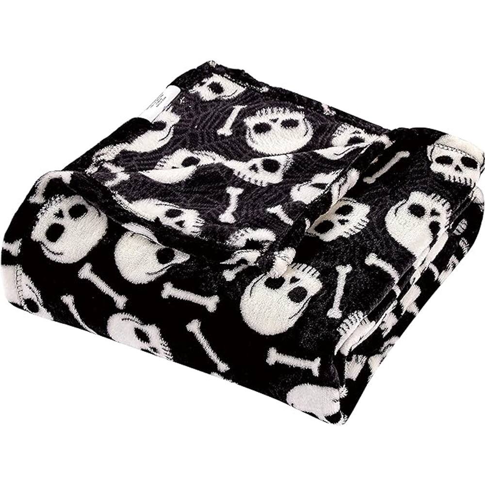 Alt View 1. Noble House - Plazatex Skull Bones Micro Plush Decorative Halloween Throw Blanket  50" X 60" Black And White - Black & white.