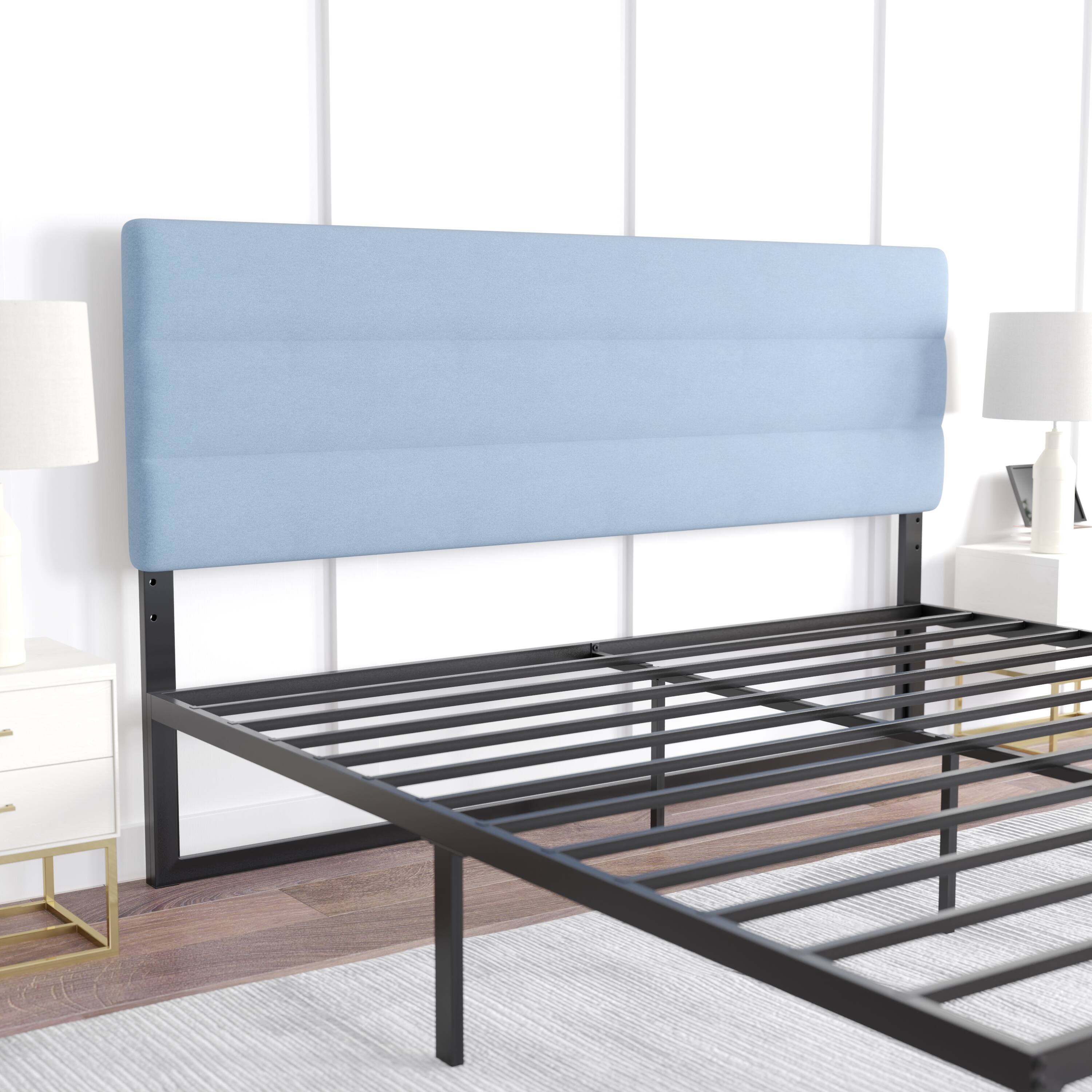Alt View 4. Emma + Oliver - Gannon Modern Upholstered Headboard with Horizontal Line Stitching and Adjustable Height Rails - Blue.