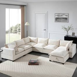 LUCKY ONE - 117.5" U-Shape 7-Seat Modular Chenille Sofa w/ Movable Storage Ottoman & 2 Pillows - Beige