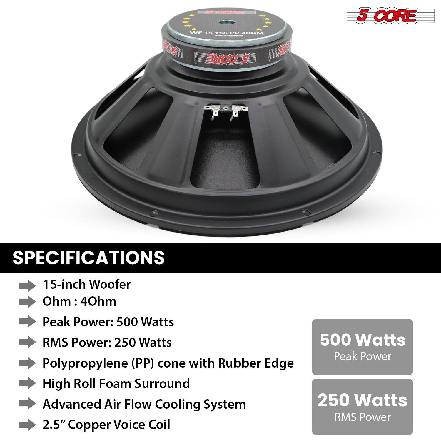 5 CORE
SPECIFICATIONS
15-inch Woofer
Ohm: 40hm
Peak Power: 500 Watts
RMS Power: 250 Watts
Polypropylene (PP) cone with Rubber Edge
High Roll Foam Surround
Advanced Air Flow Cooling System
2.5" Copper Voice Coil
500 Watts Peak Power
250 Watts RMS Power