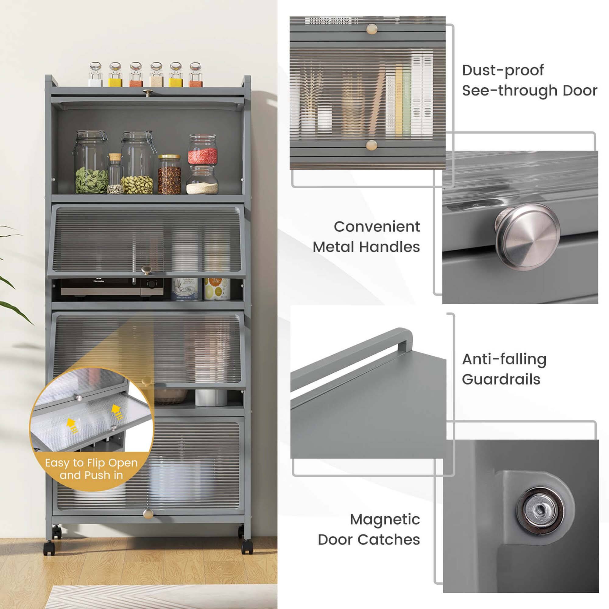 The image features a metal shelf with a dust-proof see-through door, which is designed for easy flip-open access. The shelf has convenient metal handles and anti-falling guardrails for added safety. The shelf is also equipped with magnetic door catches to securely hold the door in place.