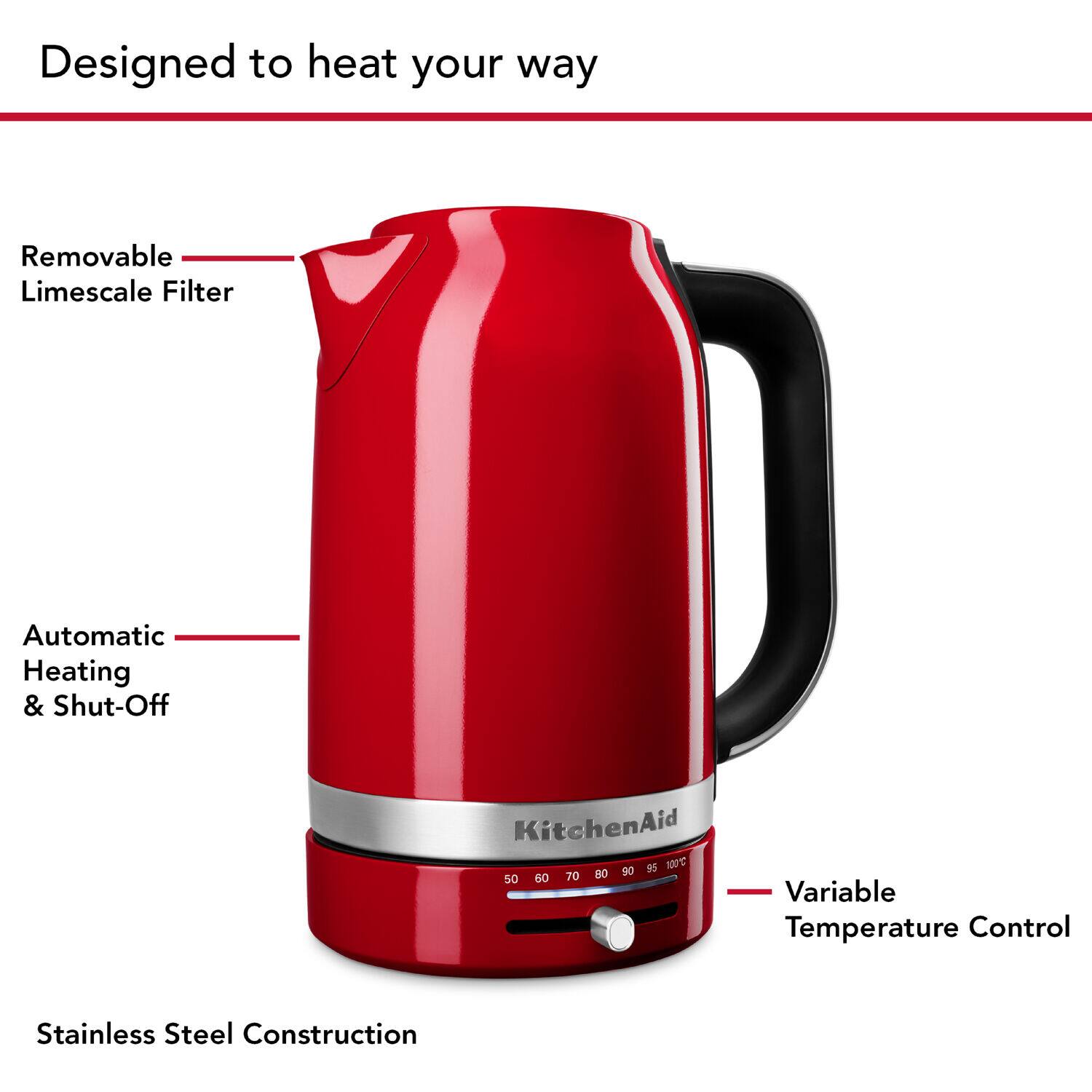 Designed to heat your way, this red KitchenAid appliance features a removable limescale filter, automatic heating, and shut-off functionality. It also has a variable temperature control and is made of stainless steel for durability and easy cleaning.