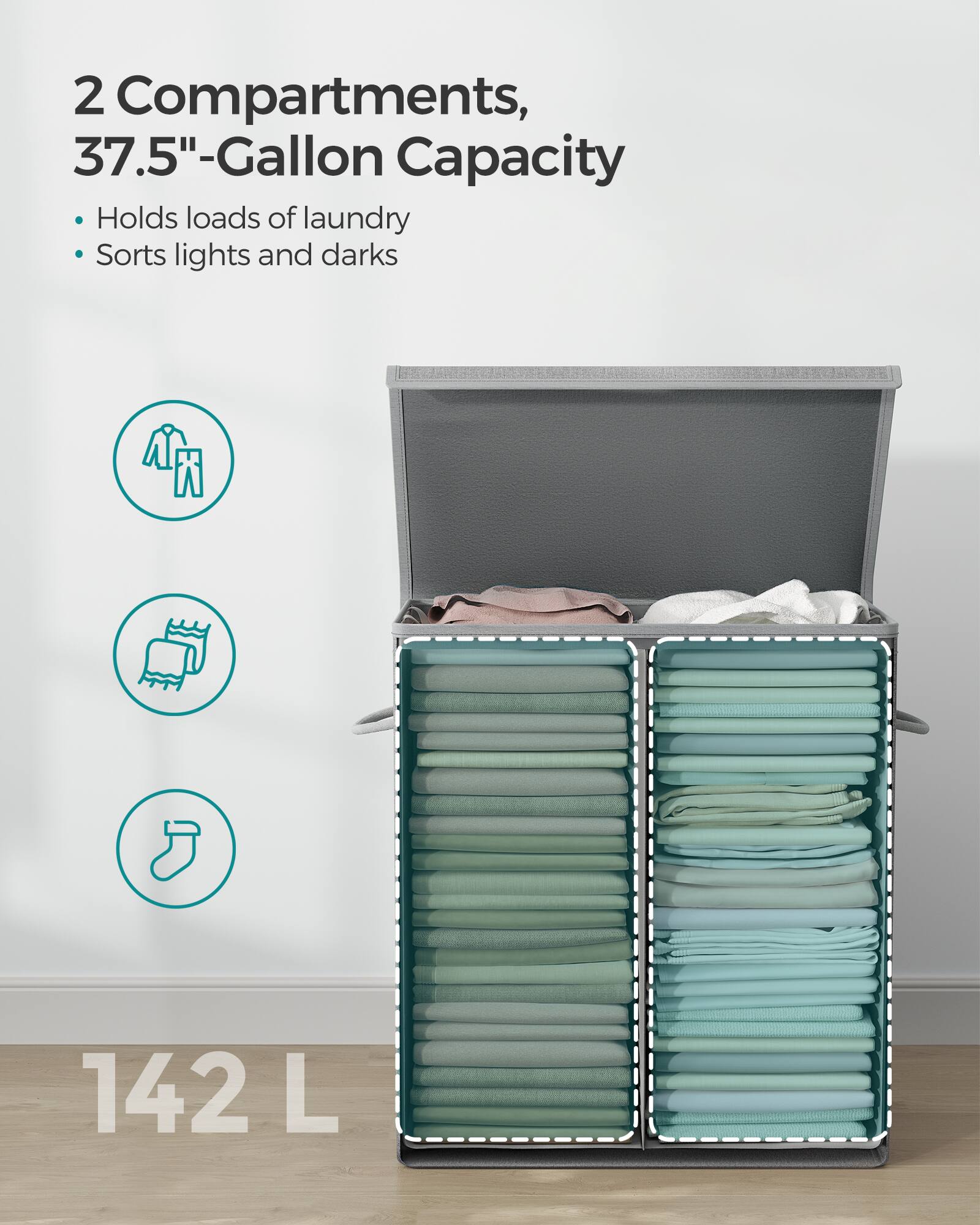 2 Compartments, 37.5"-Gallon Capacity  
- Holds loads of laundry  
- Sorts lights and darks  

142 L
