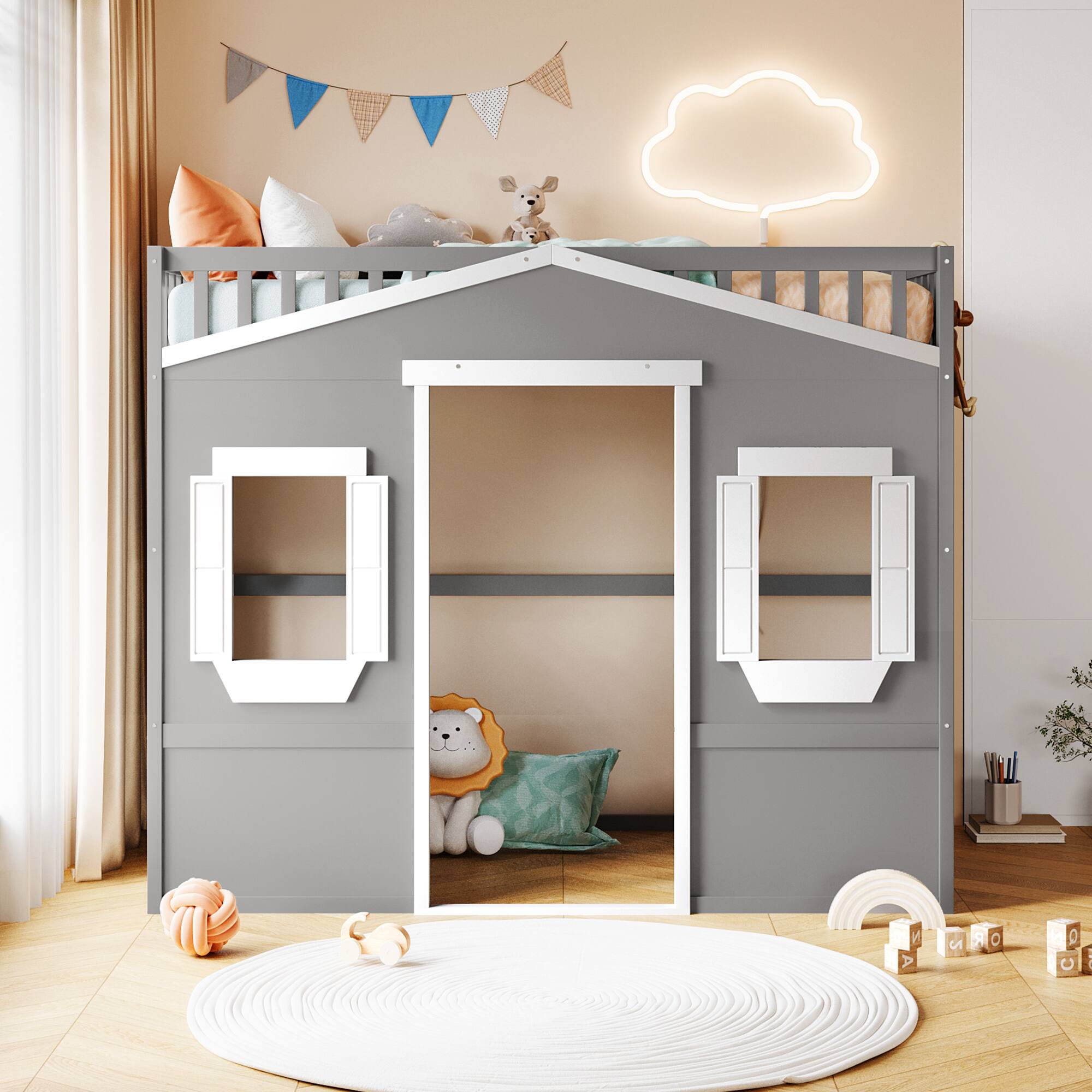 Left. Whisen - Wood Loft Bed with Ladder,Sturdy Elevated Platform Bed Frame for Kids and Teens - Gray.