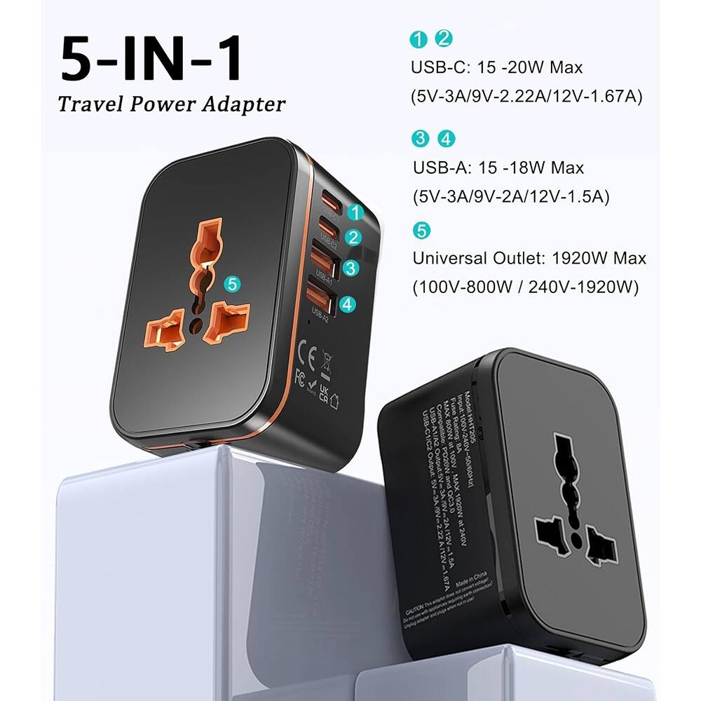 5-IN-1 Travel Power Adapter

1. USB-C: 15 - 20W Max (5V-3A/9V-2.22A/12V-1.67A)
2. USB-A: 15 - 18W Max (5V-3A/9V-2A/12V-1.5A)
3. Universal Outlet: 1920W Max (100V-800W / 240V-1920W)

Model: HHT US8-C1/C2
Compatible: B0OW
Rating: 100V - 50/60Hz
Output: 1920W
QC3.0
Made in China