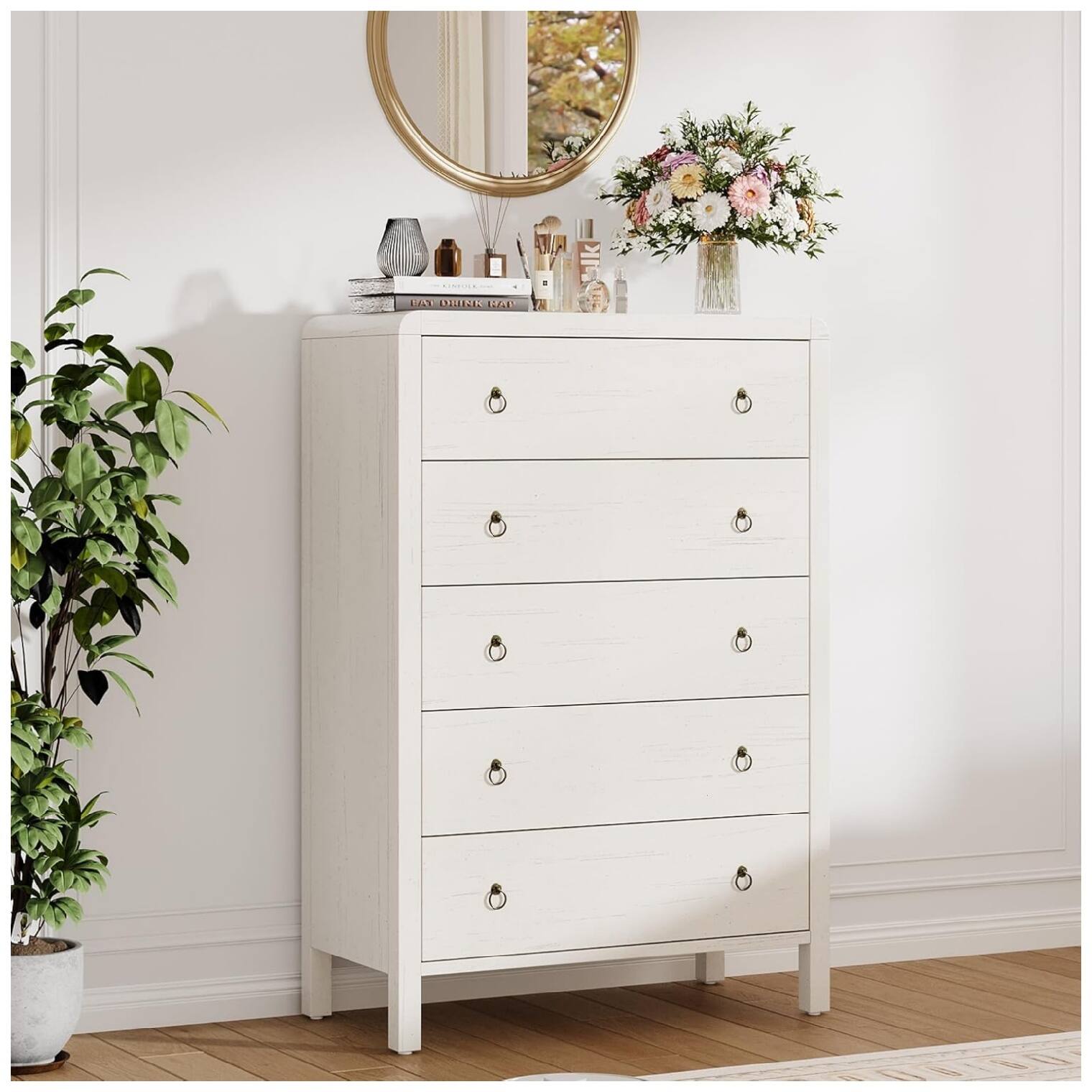 Front. GARVEE - Modern 5 Drawer Dresser for Bedroom, Chest of Dressers, Dresser for Closet - Antique White.