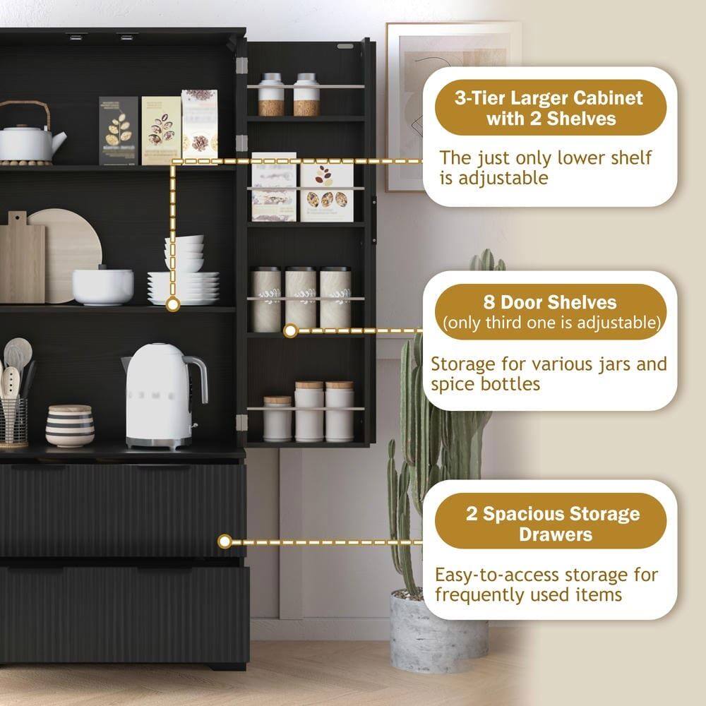 3-Tier Larger Cabinet with 2 Shelves  
The just only lower shelf is adjustable  

8 Door Shelves  
(only third one is adjustable)  
Storage for various jars and spice bottles  

2 Spacious Storage Drawers  
Easy-to-access storage for frequently used items