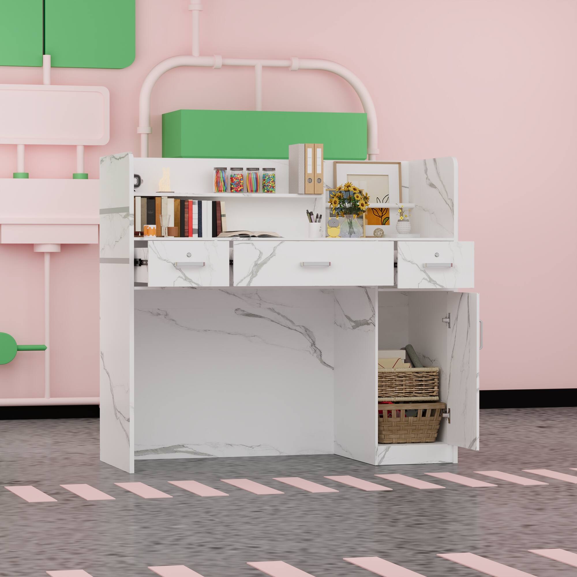 Alt View 2. Famapy - Marble Pattern Desk with Drawer and Cabinet, Computer Desk, Office Reception Table, Study Writing Table with Storage - Marble White.