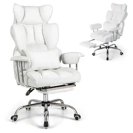 Front. Costway - Big and Tall Executive Office Chair with Footrest Lumbar Support - White.