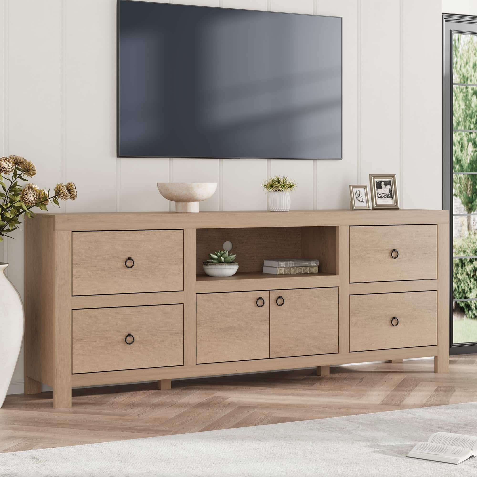 Qeetex - 70 Inch Farmhouse TV Stand for 75/80 Inch TVs, Entertainment Center with 6 Drawers & Soundbar Shelf - Natural