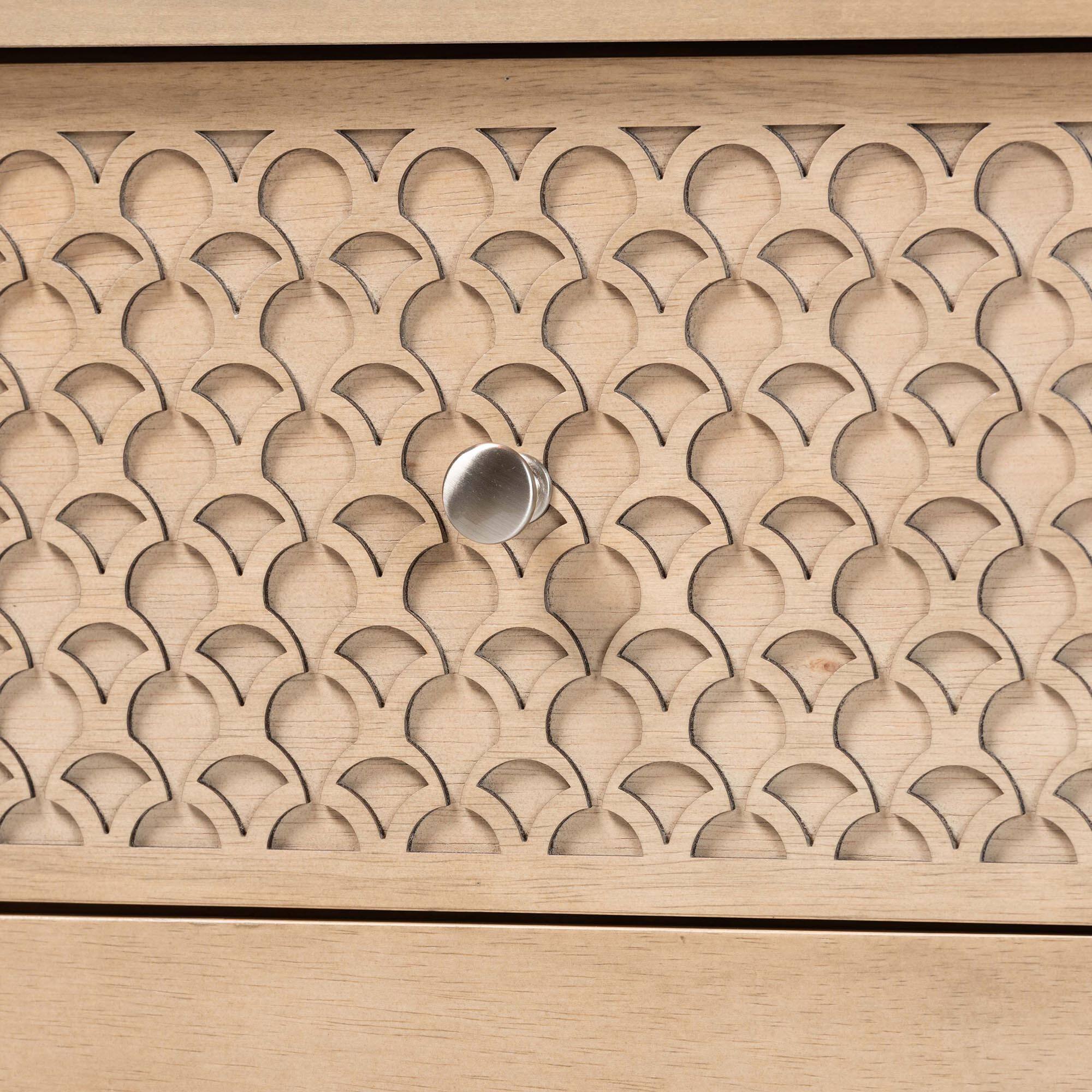 Alt View 1. Baxton Studio - Lara Dresser - 6-Drawer Bedroom Storage Chest with Laser-Cut Geometric Overlay for Clothing and Organization - Oak Brown.