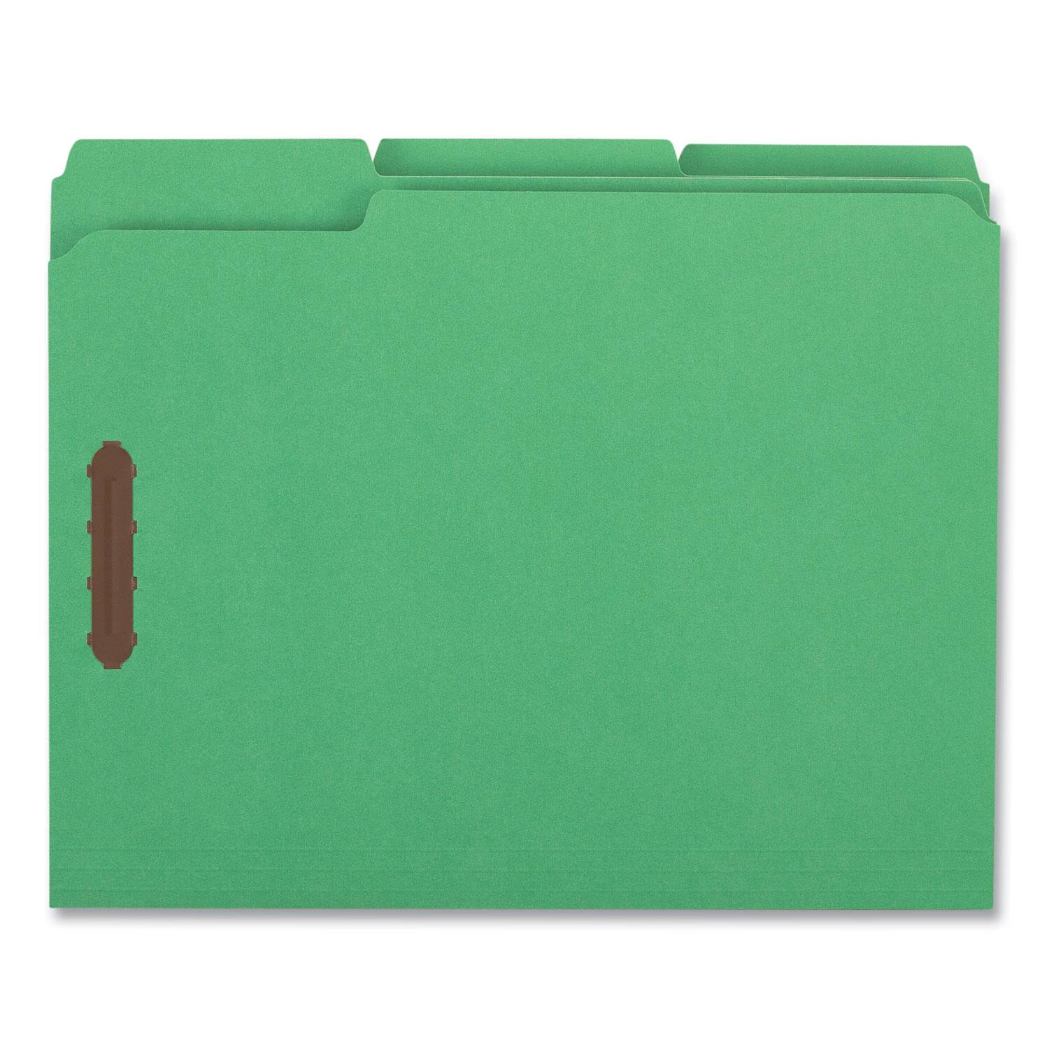 Left. Universal - Deluxe Reinforced Top Tab Fastener Folders, 0.75" Expansion, 2 Fasteners, Letter Size, Green Exterior, 50/Box.