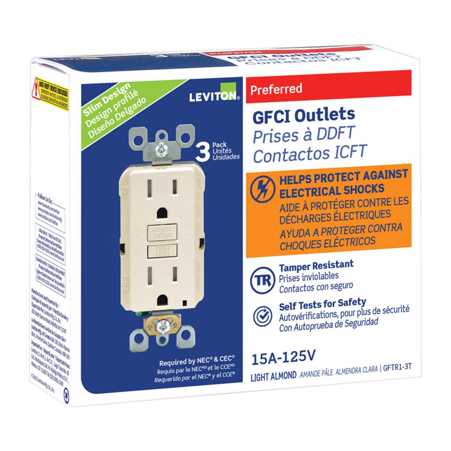 Preferred Slim Design Delgado LEVITON Design GFCI Outlets Diseño Pack Prises  DDFT 3 Units ICFT Unidades Contactos HELPS PROTECT AGAINST ELECTRICAL SHOCKS  PROTGER CONTRE LES AIDE DCHARGES LECTRIQUES RESET AYUDA A PROTEGER CONTRA RESET TEST CHOQUES ELCTRICOS TEST Tamper Resistant TR Prises inviolables Contactos con seguro Self Tests for Safety scurit plus de Autovrifications, pour Con Autoprueba de Seguridad Required by NEC et & le CEC CCEMO 15A-125V GFTR1-3T Requis par le NECMD PLE ALMENDRA CLARA el NEC y el CCE LIGHT ALMOND AMANDE Requerido por