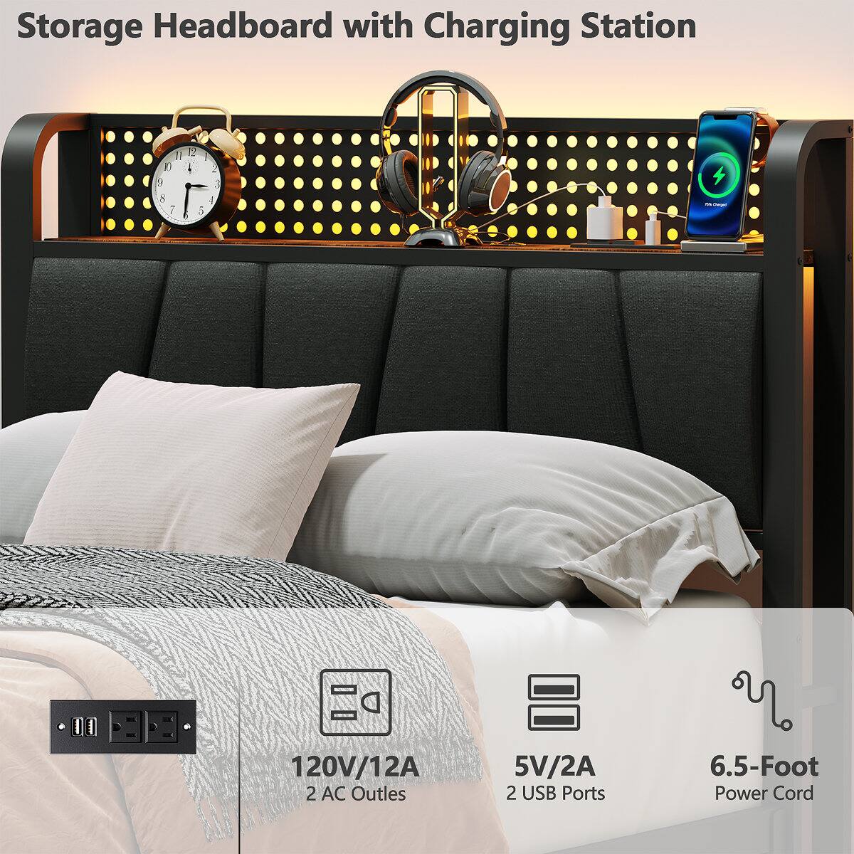Storage Headboard with Charging Station

- 120V/12A
- 2 AC Outlets
- 5V/2A
- 2 USB Ports
- 6.5-Foot Power Cord