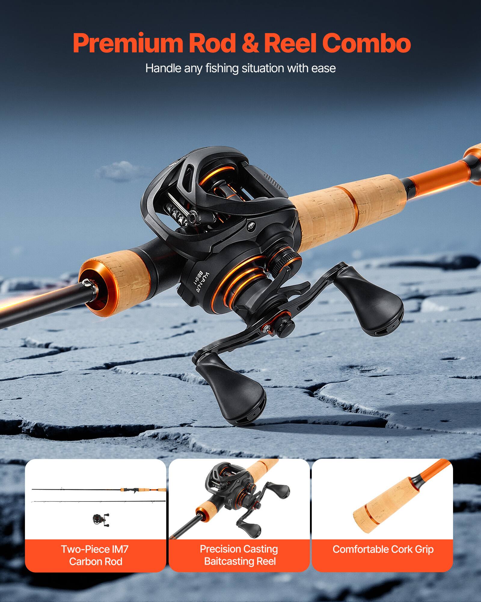 Premium Rod & Reel Combo  
Handle any fishing situation with ease  

- Two-Piece IM7 Carbon Rod  
- Precision Casting Baitcasting Reel  
- Comfortable Cork Grip