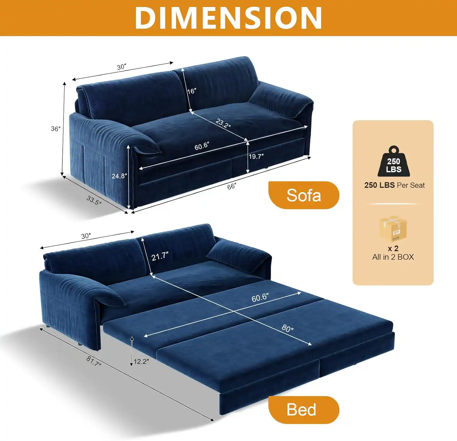 DIMENSION  
Sofa: 30" x 16" x 36" x 33.5" x 24.8" x 23.2" x 60.6" x 66" x 19.7"  
Bed: 30" x 21.7" x 60.6" x 80" x 81.7" x 12.2"  
250 LBS Per Seat  
All in 2 BOX