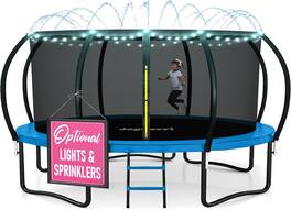 JoyBerri - 15ft Outdoor Trampoline with Enclosure Net LED Lights Sprinkler Ladder for Kids and Adults - Blue