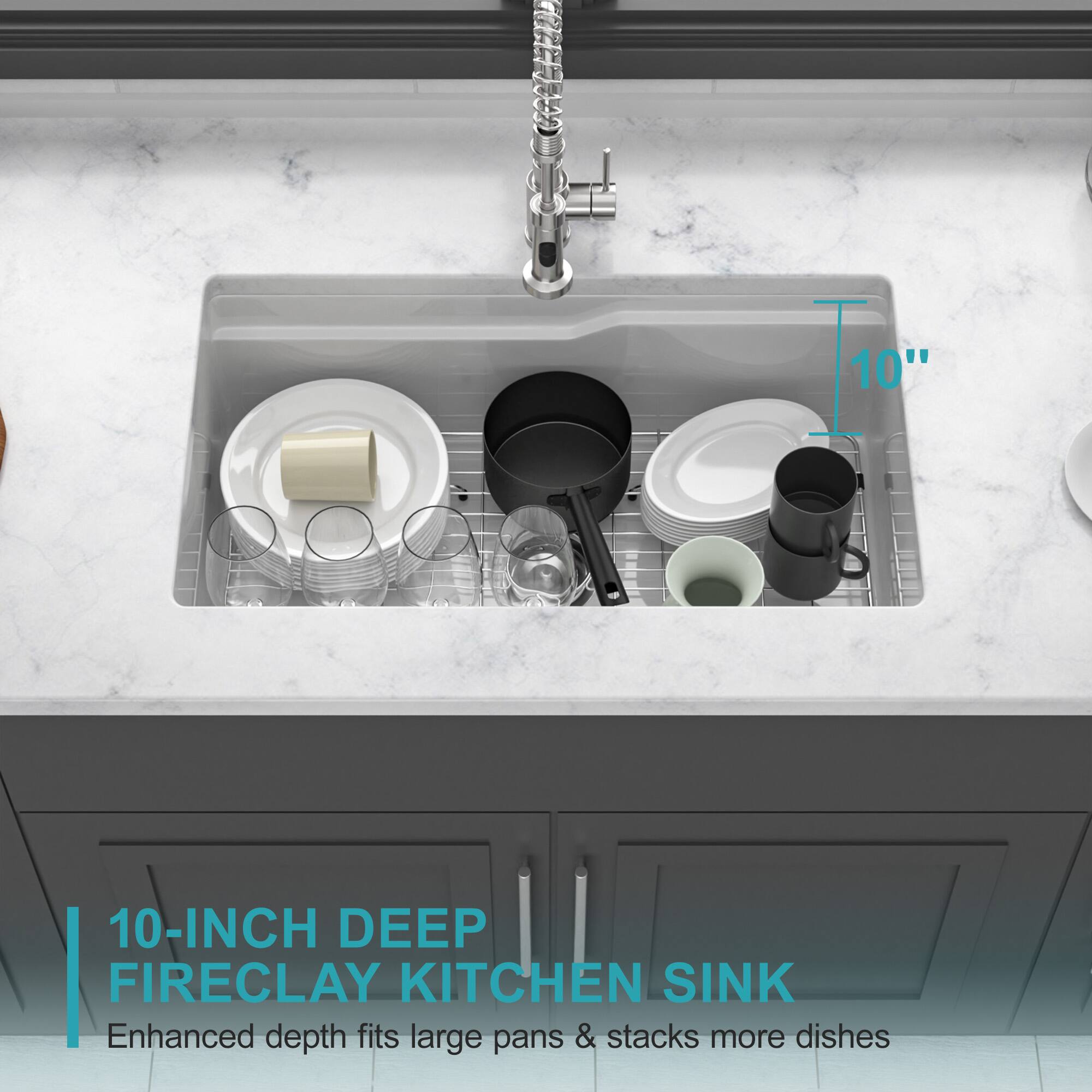 10" 10-INCH DEEP FIRECLAY KITCHEN SINK  
Enhanced depth fits large pans & stacks more dishes