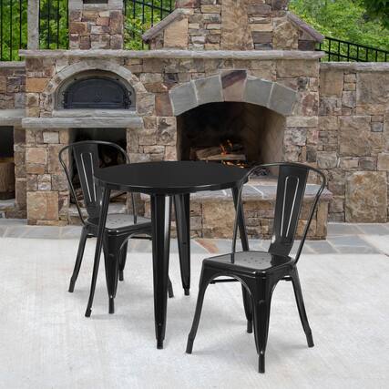 Front. Emma + Oliver - Commercial Grade 30" Round Metal Indoor-Outdoor Table Set with 2 Cafe Chairs - Black.