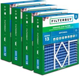 Filterbuy - 20x20x5 MERV 13 Smoke & Allergy Defense, Pleated HVAC AC Furnace Air Filters Replacement for Amana & More (4-Pack) - Blue