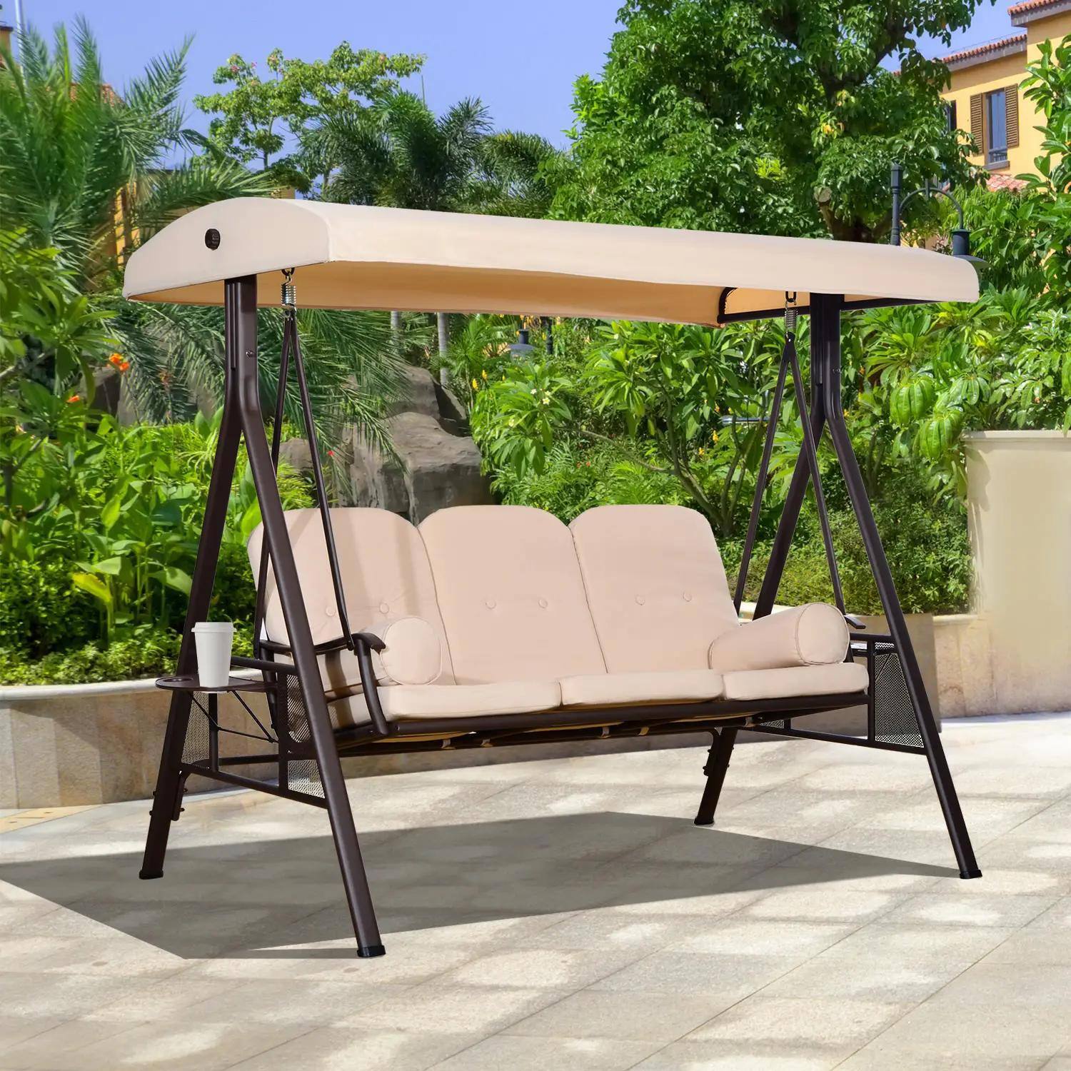 Left. Resenkos - Resenkos 3-Seat Swing Chair, Outdoor Glider With Canopy, Removable Cushions, Pillows, Side Trays, Garden,  Beige.