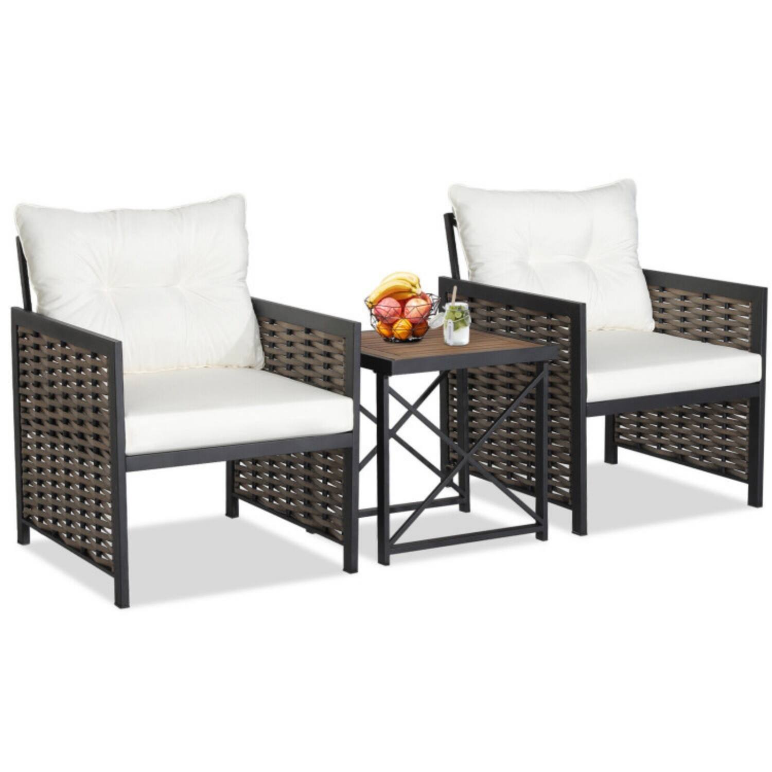 Alt View 4. Mondawe - 3-Piece Freestanding Rattan Patio Set with Acacia Wood Tabletop and Cushions - Brown+Black+White.
