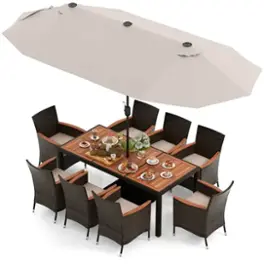 Costway - 11 PCS Patio Dining Set with 15ft Double-Sided Patio Umbrella (Base Included) - Mix Brown + Beige